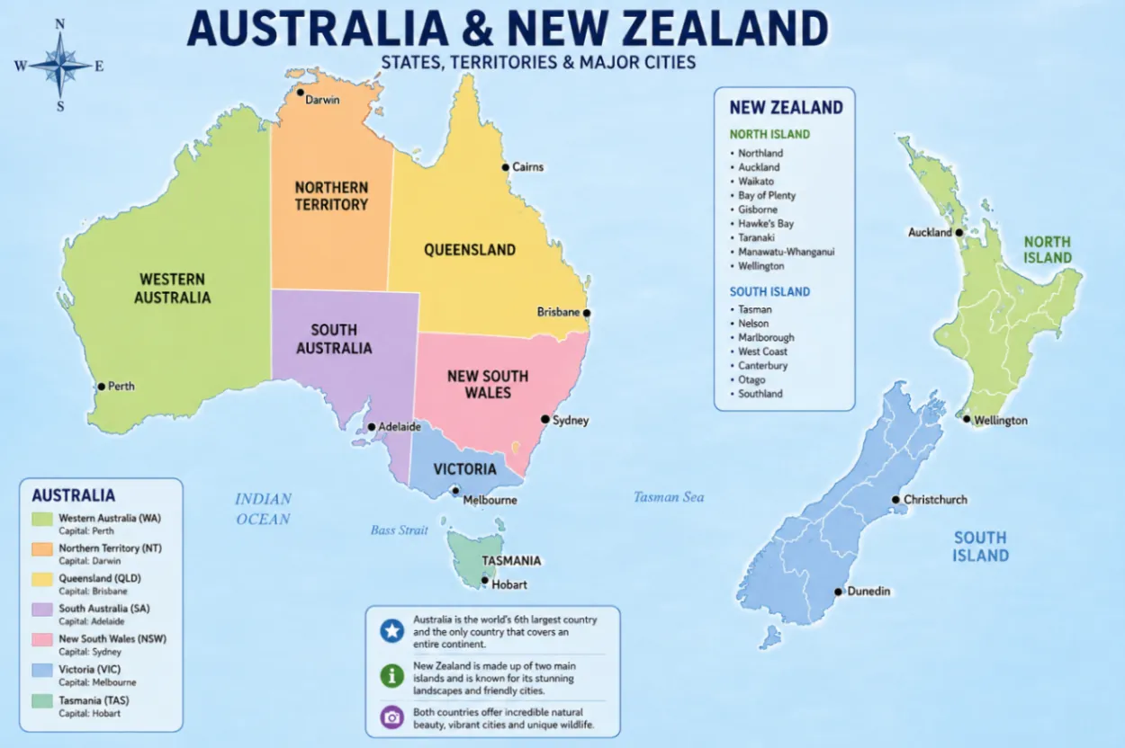 Map of Australia and New Zealand showing states, territories and major cities