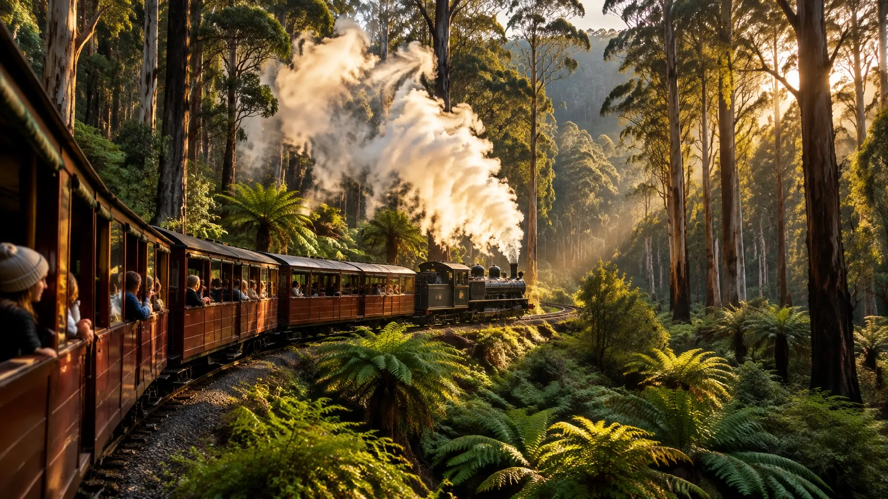 Puffing Billy steam train winding through the Dandenong Ranges forest in Victoria